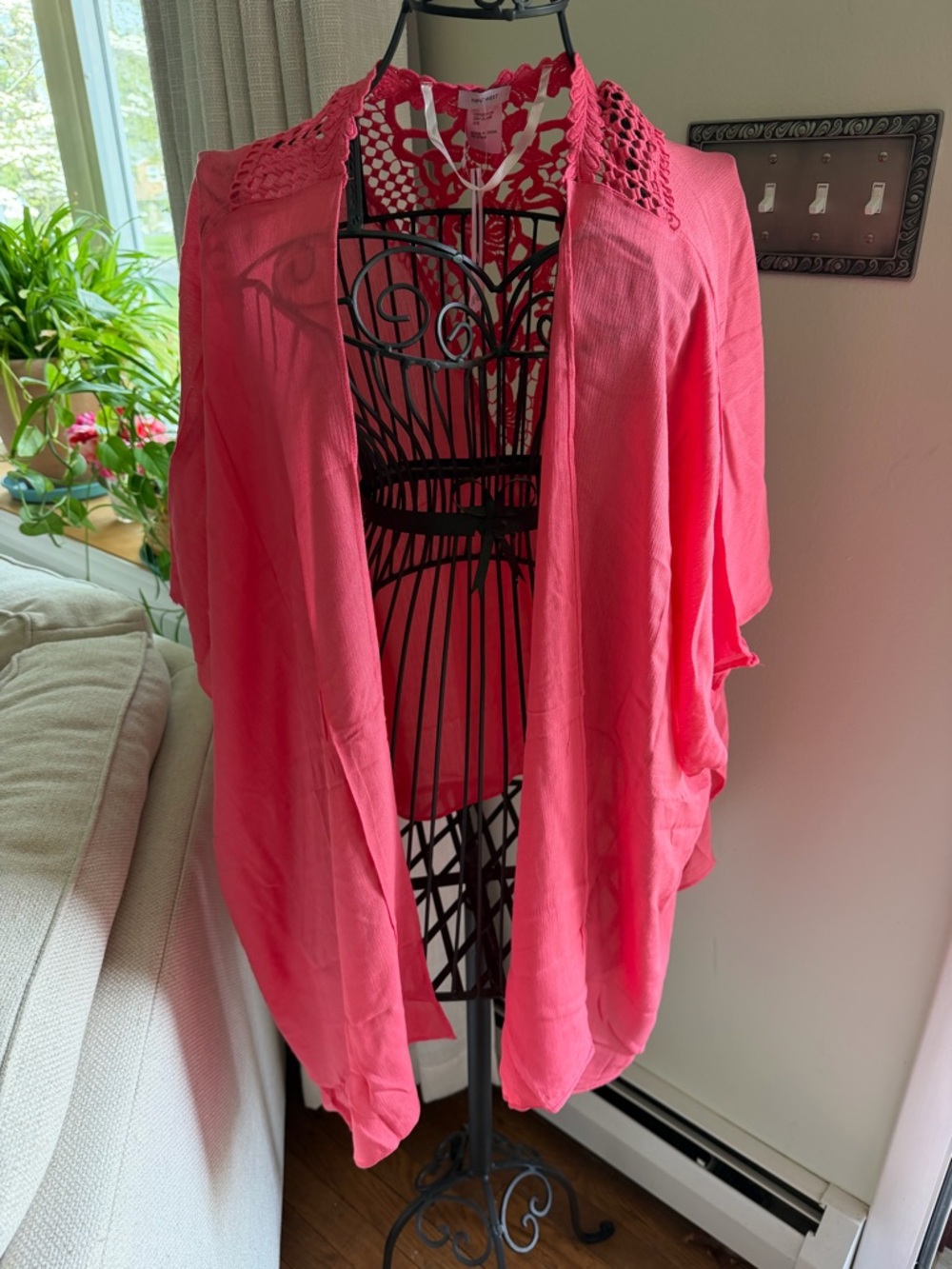 Nine West Bright Coral Open-Front Crochet-Trim Tunic